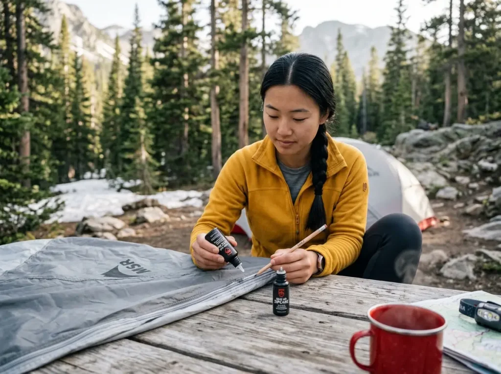 Female backpacker applying dry film lubricant to a tent zipper track to prevent trail failures.