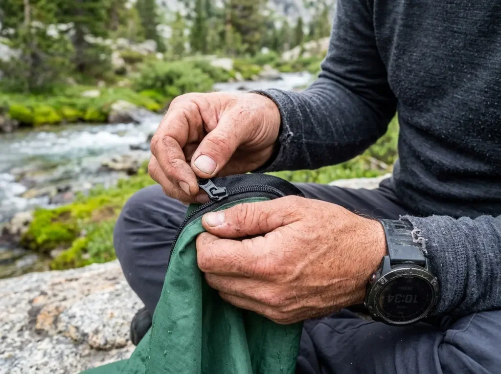 Macrophoto of a hiker's hands examining the metal jaws of a YKK tent zipper slider in the forest.