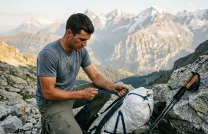 How to Test Gear Before a Thru Hike Finding Its Limits Male hiker inspecting a fully loaded backpack on a rocky alpine pass to test gear before a thru hike.