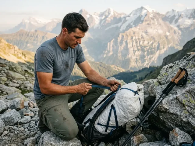 testing-gear-before-thru-hike-hero Male hiker inspecting a fully loaded backpack on a rocky alpine pass to test gear before a thru hike.