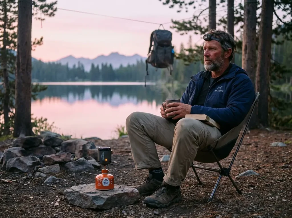 Hiker resting at a sheltered campsite with Thermacell running in calm evening air