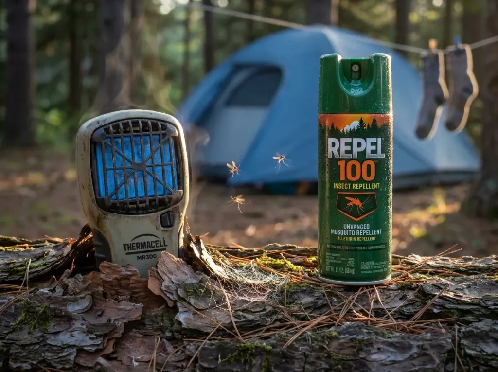 Close-up of Thermacell device heating repellent mat next to a DEET spray can on a log