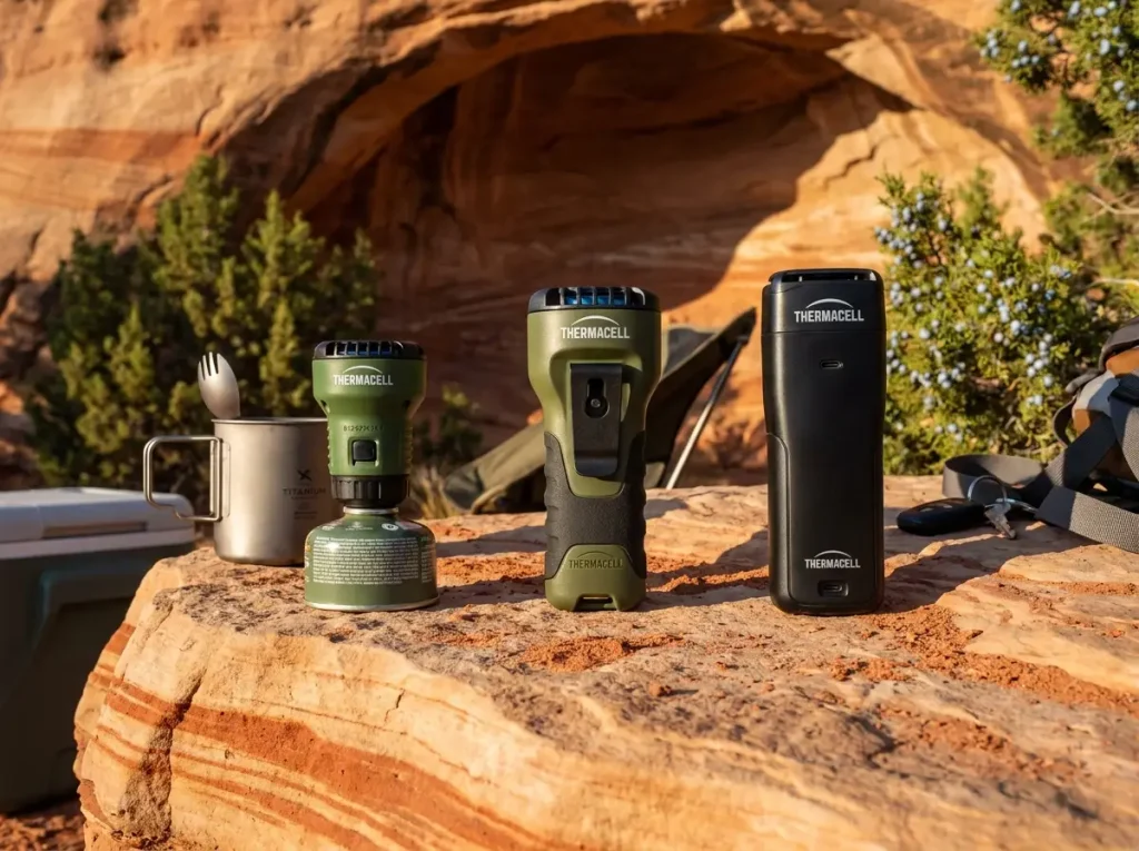 Three Thermacell models side by side at a campsite with backpacking gear
