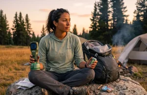 Thermacell vs Bug Spray What Hikers Get Wrong Hiker at camp comparing Thermacell repeller and bug spray bottle at dusk
