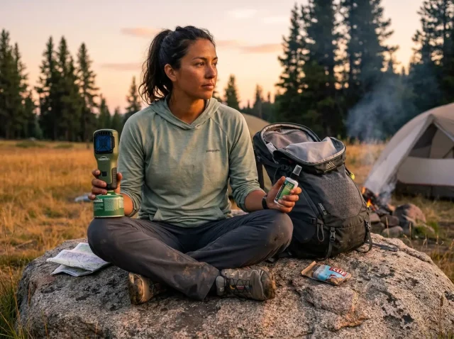 thermacell-vs-bug-spray-hiking-comparison Hiker at camp comparing Thermacell repeller and bug spray bottle at dusk