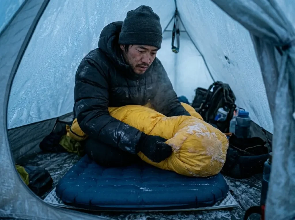 Hiker inside frosty tent verifying thermal efficiency of stacked sleeping pads and down bag.
