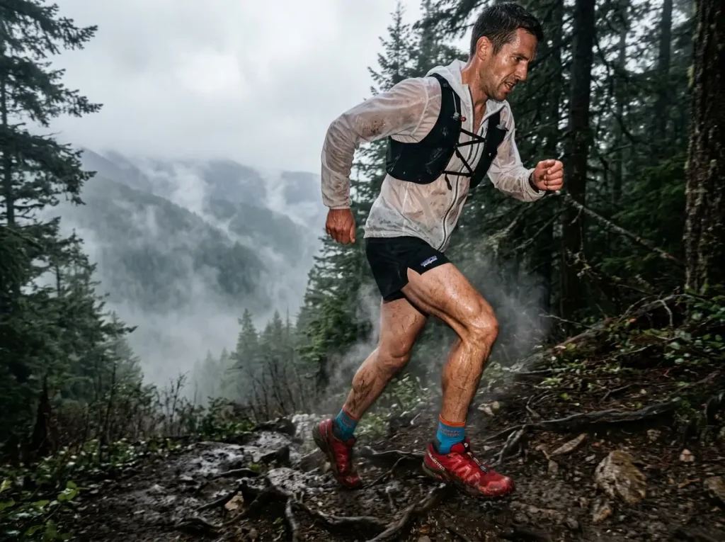Trail runner pushing up a steep wet trail with visible vapor radiating from his Darn Tough wool socks