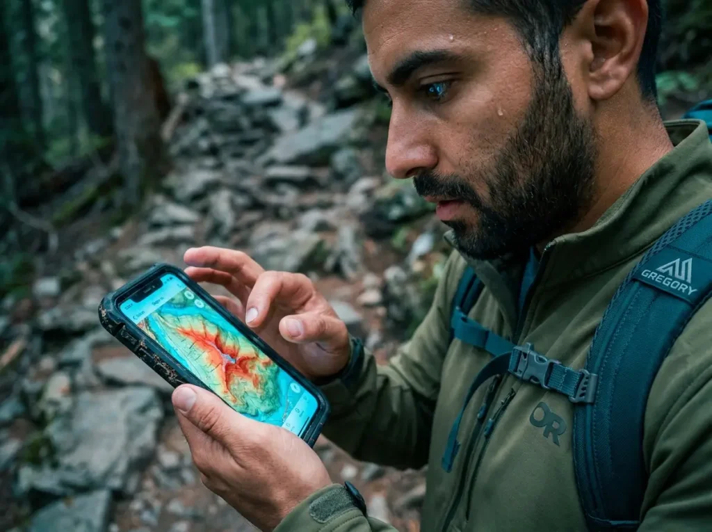 Hiker calculating the thigh-burn ratio using digital slope angle shading on a smartphone