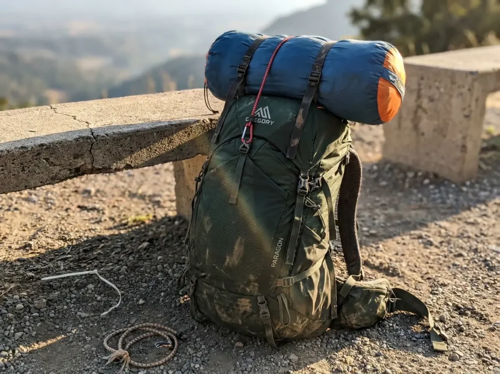 Tent lashed to a backpack with two straps and a backup tether showing three anchor points