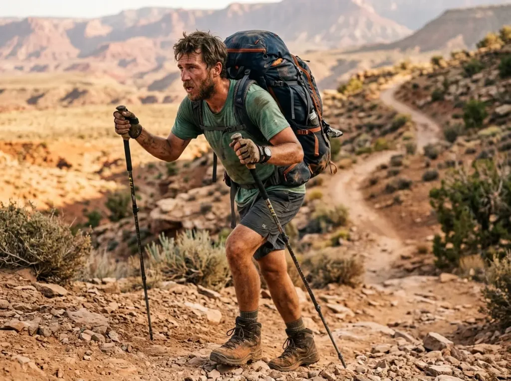 Exhausted thru-hiker struggling up a dusty incline bearing the metabolic weight of heavy traditional leather boots. 