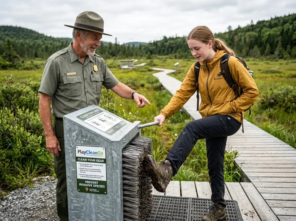 Park ranger instructs a hiker using a PlayCleanGo boot brush station to protect alpine ecosystems.