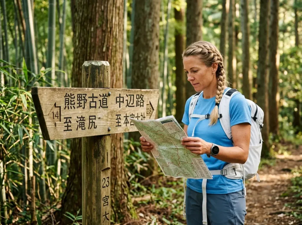 Female hiker consulting topographic map at a wooden trail junction signpost on the Kumano Kodo