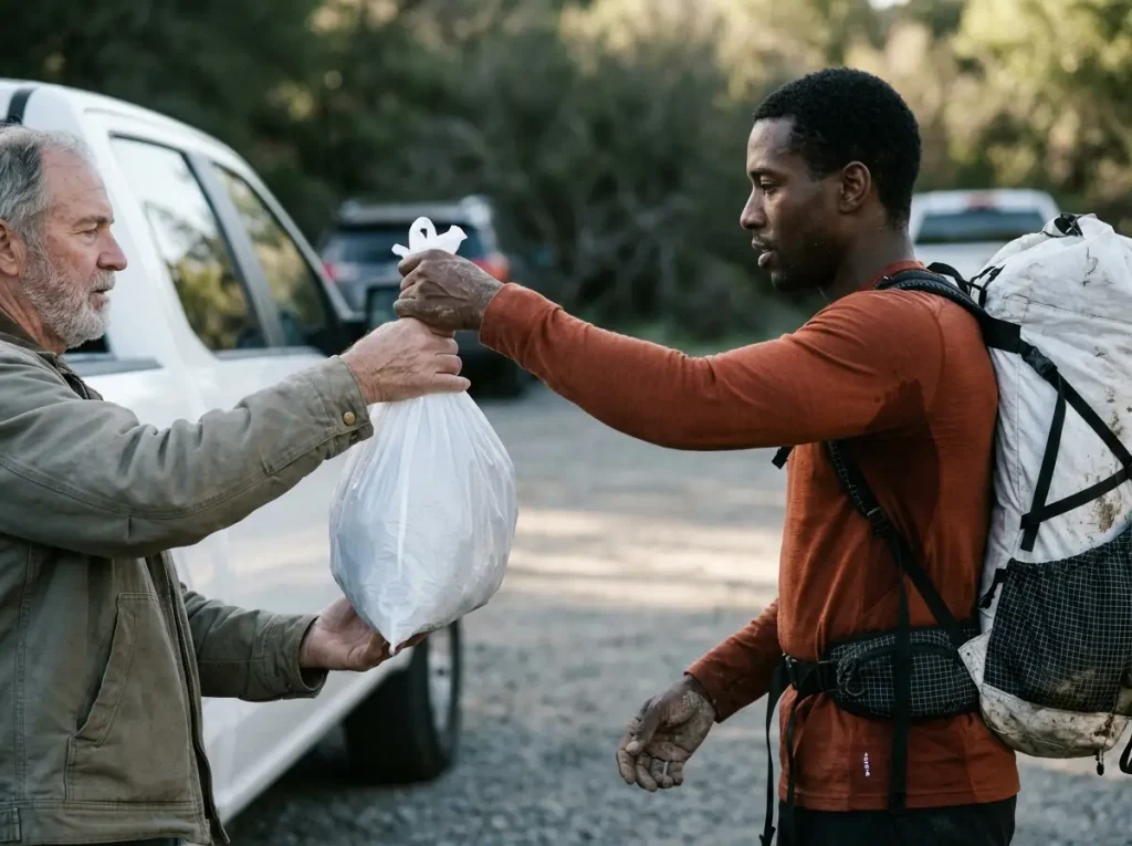 Volunteer trail angel taking a heavy bag of trash from a thankful backpacker at trailhead.