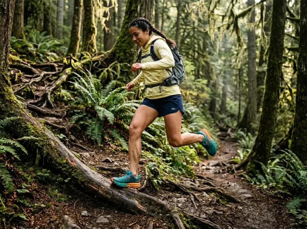 Female hiker bounding down a technical root-filled trail demonstrating agile ankle biomechanics in Hoka shoes.