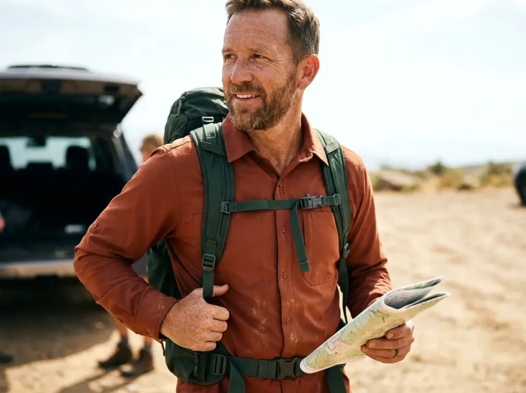 Male hike leader holding topographic map at trailhead huddle