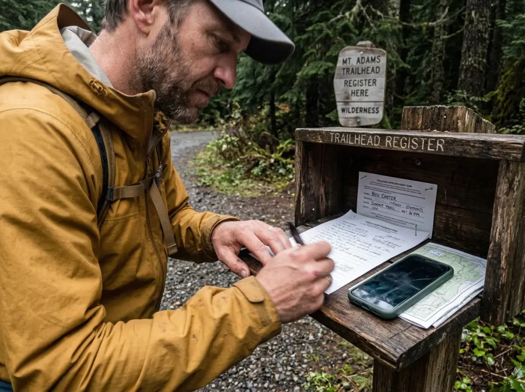 Hiker filling out a paper trip plan at a trailhead register box before a day hike