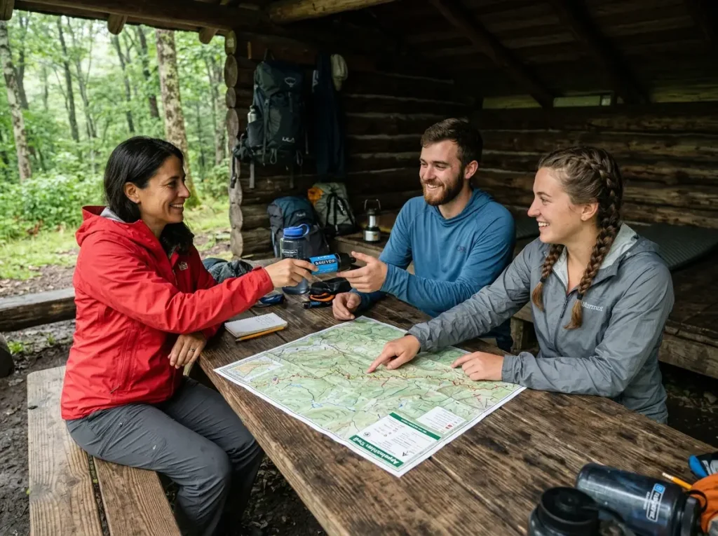 Three hikers sharing a map and water filter at a shelter to build a trail family system.