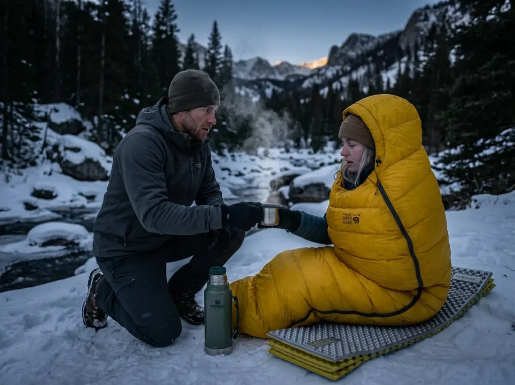 Treating wilderness hypothermia by wrapping a partner in a sleeping bag and foam pad.