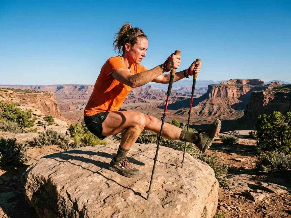 Executing pistol squats during trekking pole exercises for trail training.
