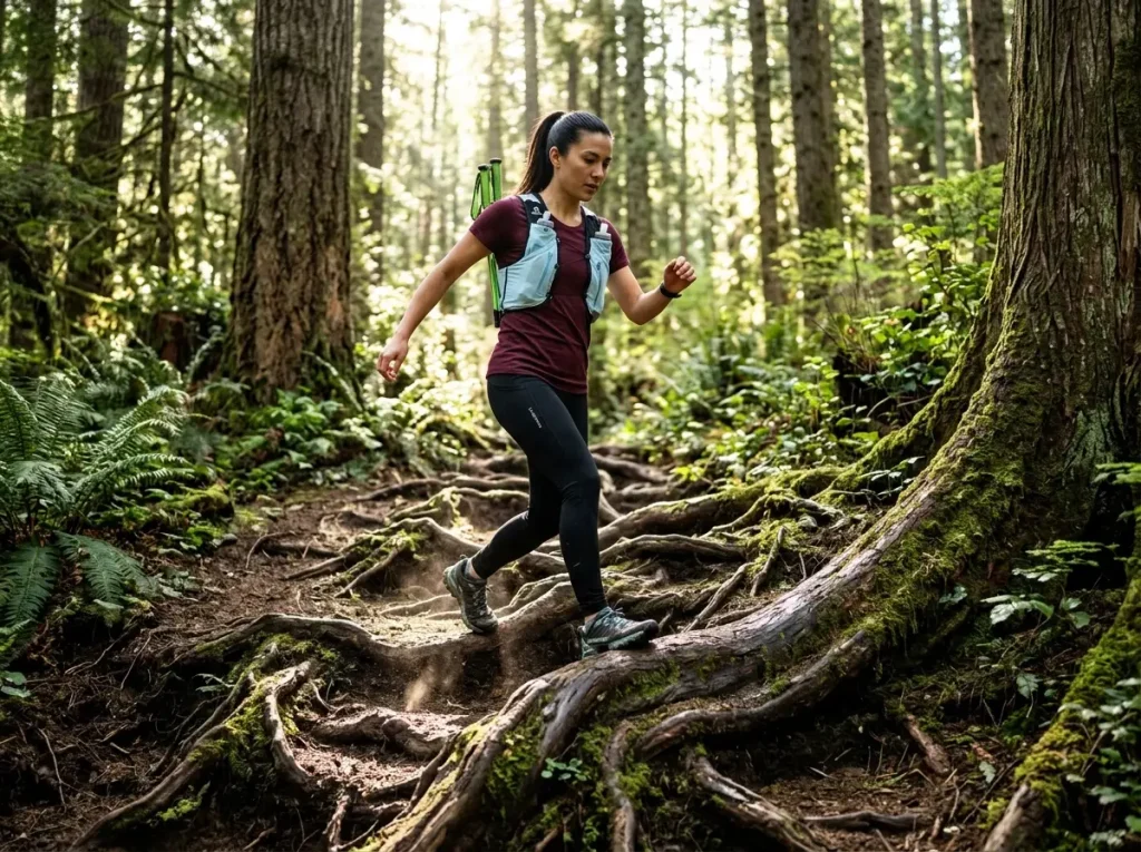 Hiker navigating root-filled trail without trekking poles utilizing natural balance