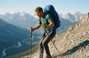 Knees Shot? 5 Trekking Pole Exercises for Trail Training Hiker using trekking pole exercises for trail training on a steep scree descent.