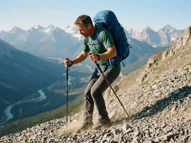 trekking-pole-exercises-for-trail-training-hero Hiker using trekking pole exercises for trail training on a steep scree descent.