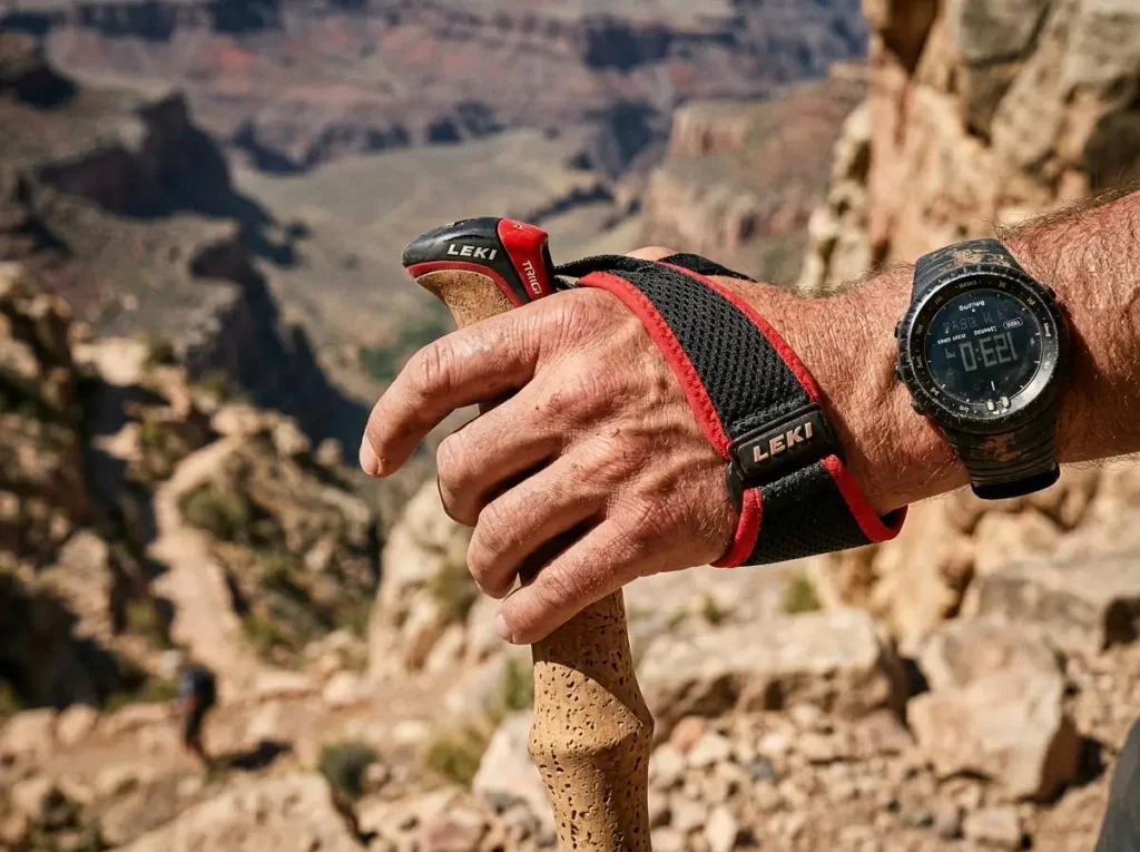 Hiker hand properly resting in trekking pole strap to avoid wrist pressure