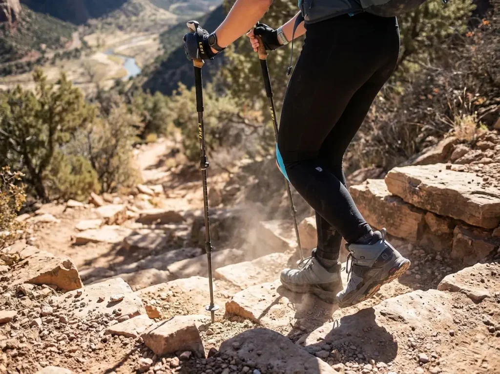 Close-up of hiker's knees descending rocky trail with trekking poles showing impact reduction