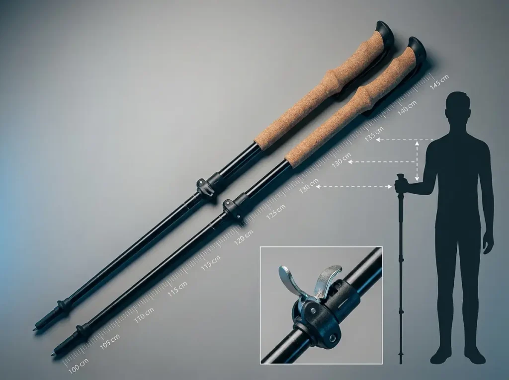 Measurement diagram overlay on trekking poles showing correct length sizing for hikers over 6 feet tall.