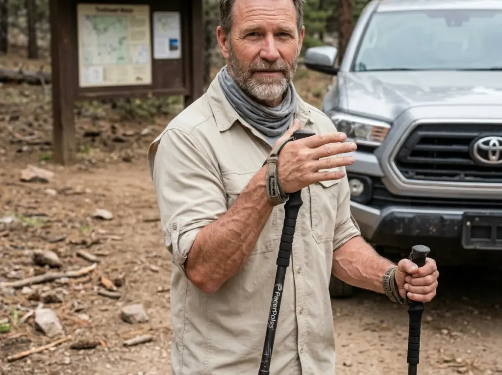 Proper strap setup for trekking pole exercises for trail training.