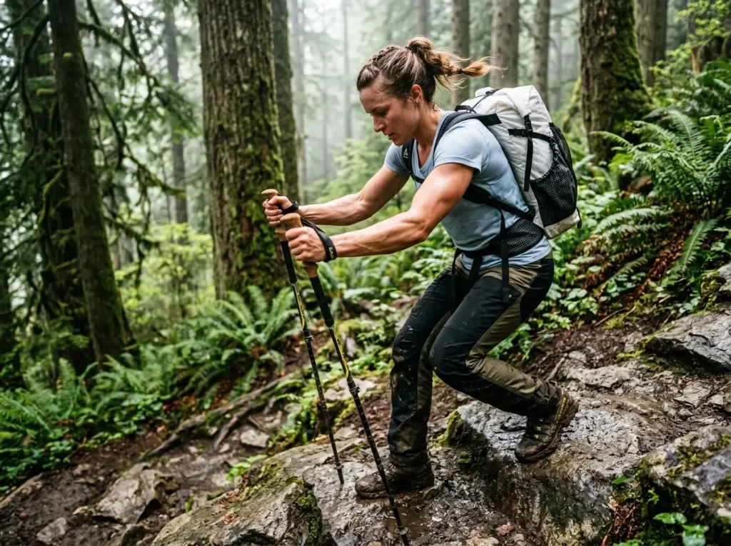 Biomechanics of trekking pole exercises for trail training showing force redistribution.