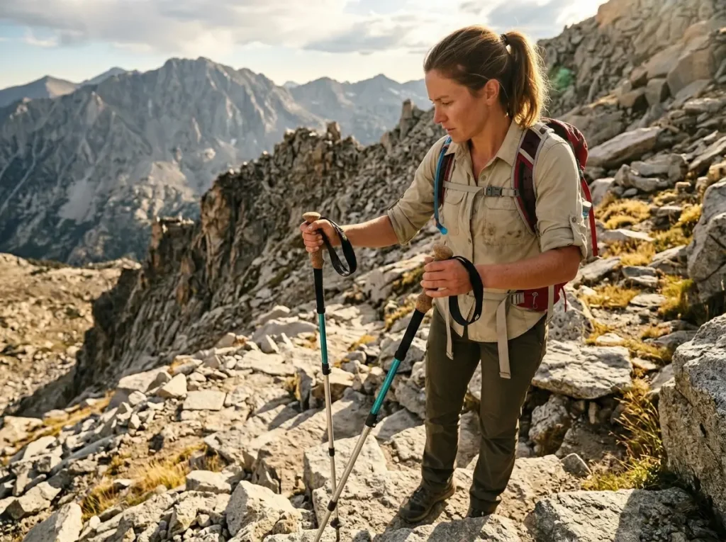 Hiker removing hands from trekking pole straps before steep rocky descent