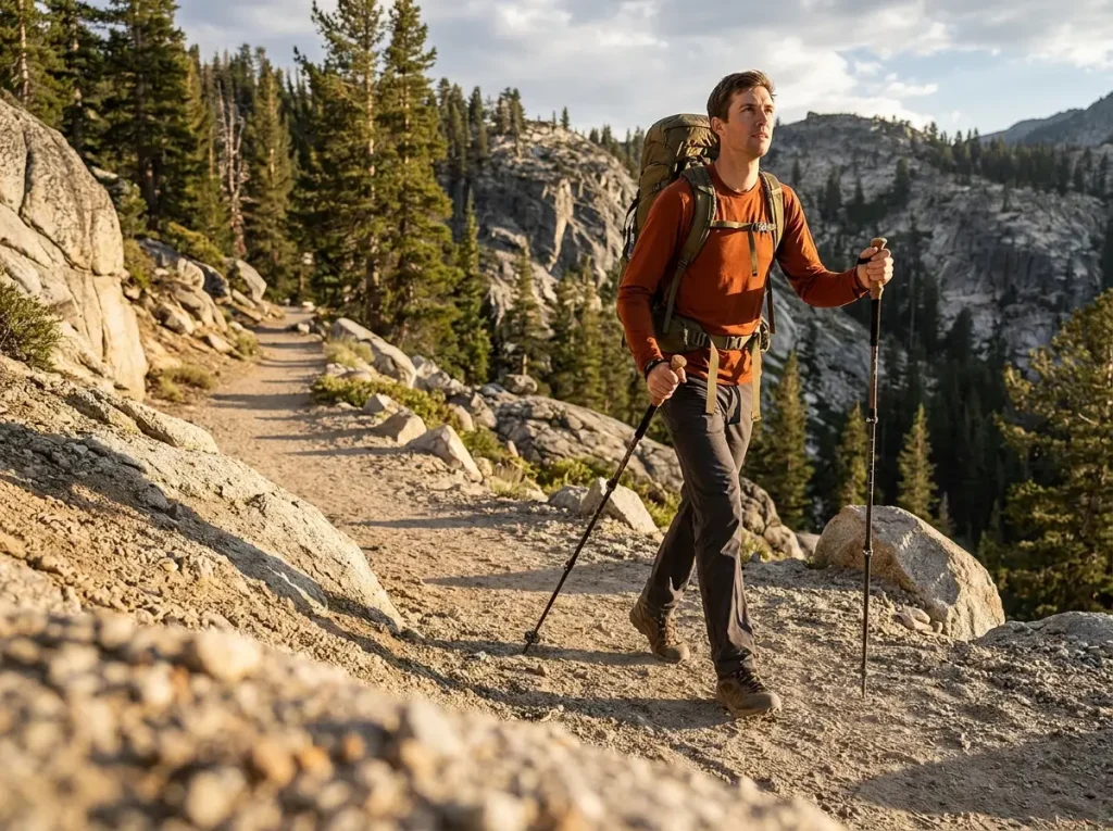 Tall hiker on ascending trail using extended trekking poles at correct 90-degree elbow angle.