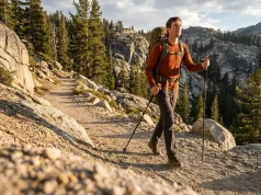 Best Trekking Poles for Hikers Over 6 Feet Tall Tall hiker on ascending trail using extended trekking poles at correct 90-degree elbow angle.