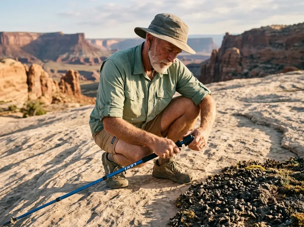 Hiker attaching rubber trekking pole tips to protect fragile desert cryptobiotic soil