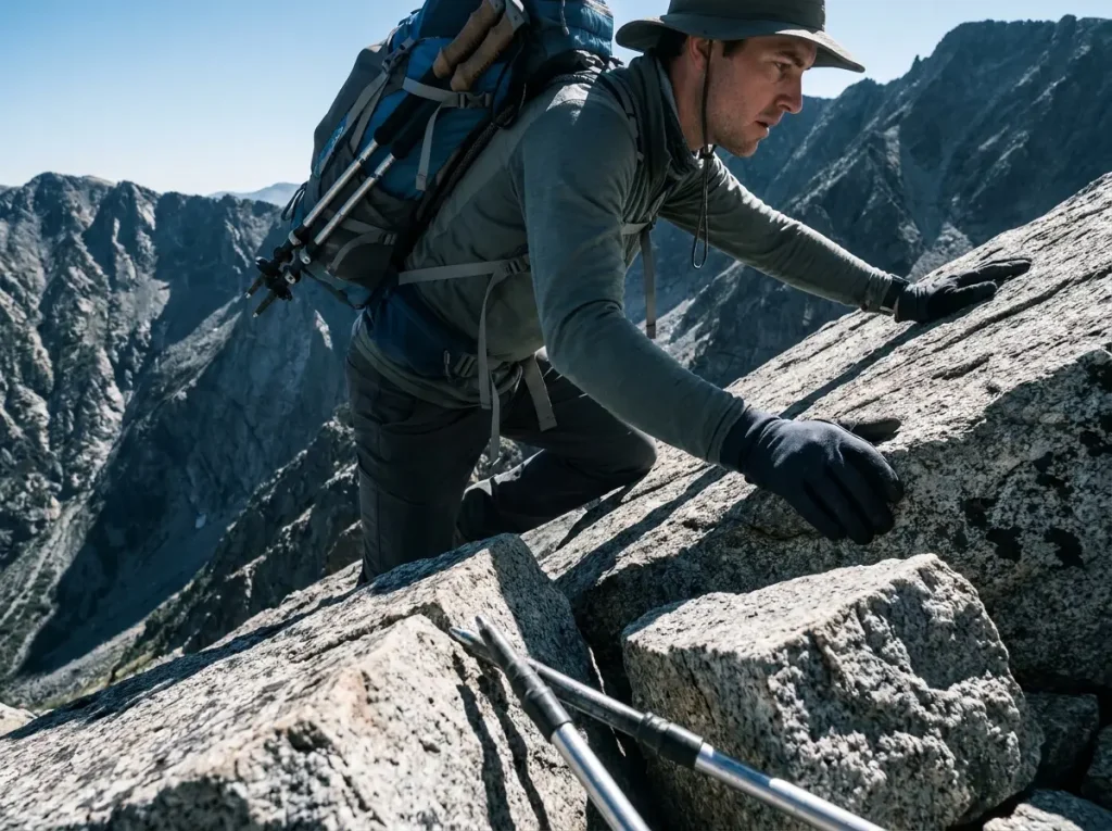 Hiker crossing exposed rock slab with trekking poles stowed on pack during Class 3 scramble section.