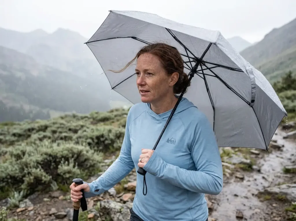 Hiker using a trekking umbrella in light rain on an exposed mountain trail to stay cool and dry without a rain jacket