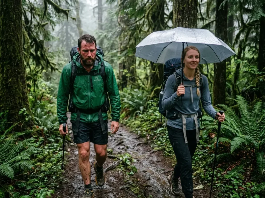 Side-by-side comparison of hiker in a sweaty rain jacket versus a hiker under a trekking umbrella staying dry