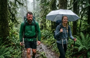 Trekking Umbrella vs Rain Jacket I Tested Both Side-by-side comparison of hiker in a sweaty rain jacket versus a hiker under a trekking umbrella staying dry