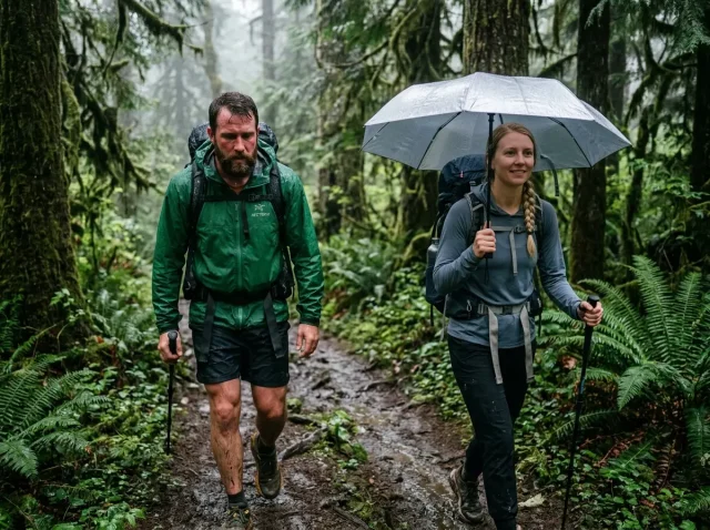 trekking-umbrella-vs-rain-jacket-weight-debate Side-by-side comparison of hiker in a sweaty rain jacket versus a hiker under a trekking umbrella staying dry
