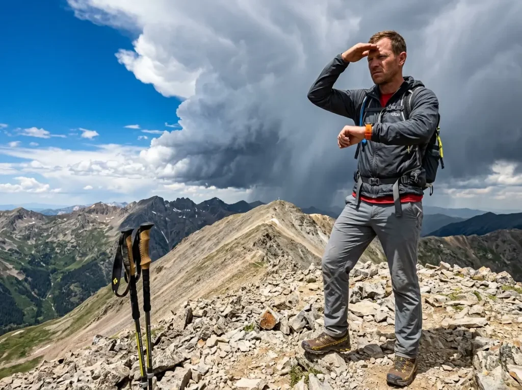 Hiker checking Garmin watch at turnaround decision point on alpine scramble route