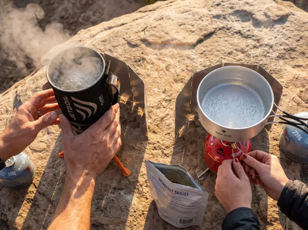 Two backpacking stoves running simultaneously with pots boiling on flat rock