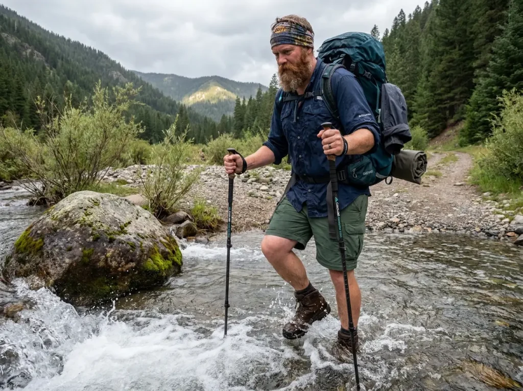Backpacker using two trekking poles to cross a rocky mountain stream with heavy pack