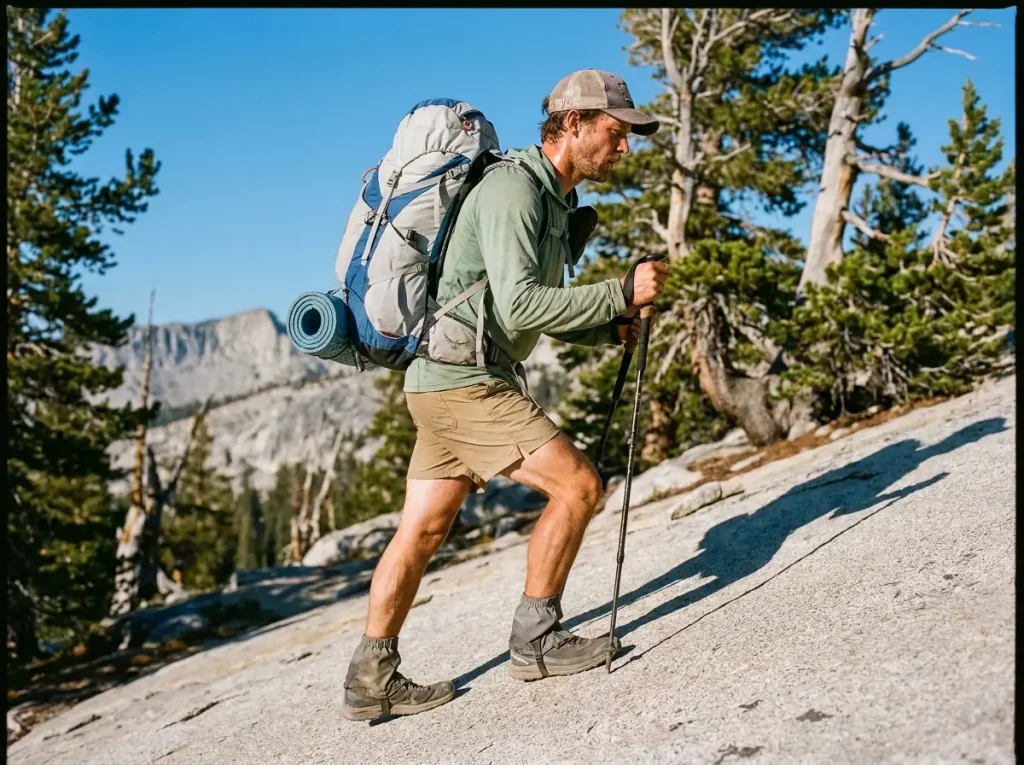Hiker on a granite trail wearing an Osprey Exos Pro 55 ultralight backpack at golden hour