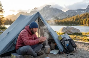 What Thru-Hikers Pick for One-Person Ultralight Tents Solo backpacker boiling water beside a pitched one-person ultralight tent at alpine dawn beside a mountain lake