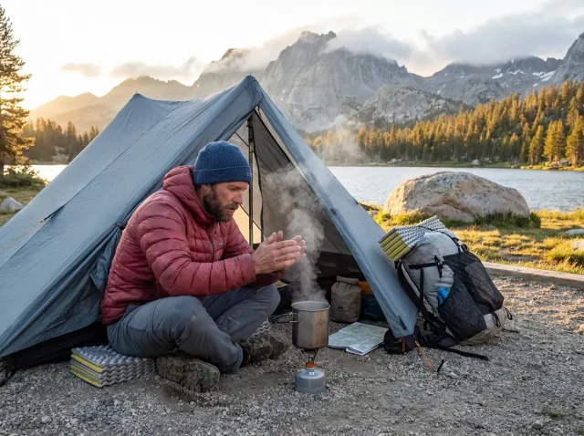 ultralight-one-person-tent-backpacking-hero Solo backpacker boiling water beside a pitched one-person ultralight tent at alpine dawn beside a mountain lake