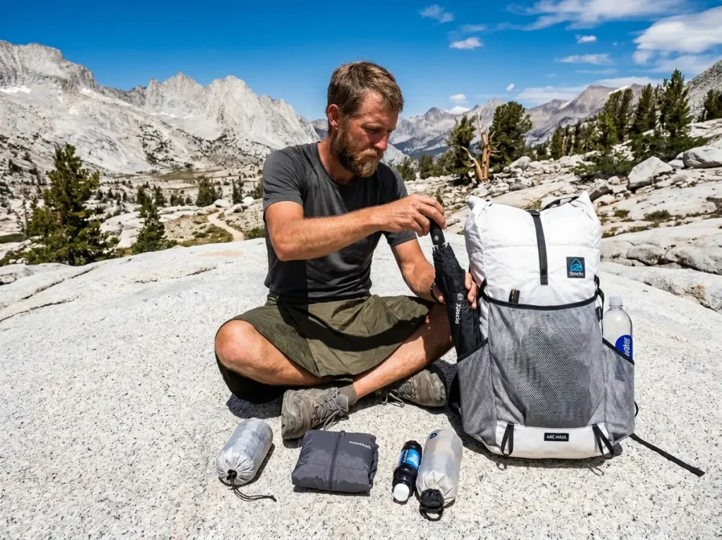 Ultralight backpacker packing a Zpacks umbrella into his lightweight pack