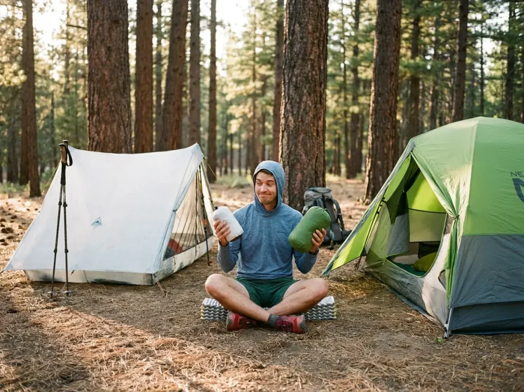 Two backpacking tents side by side showing size difference ultralight versus midweight