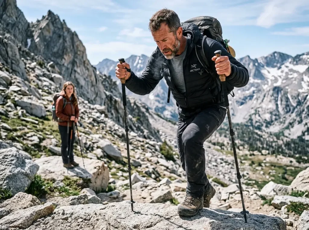 Uphill hiker maintaining momentum and aerobic steady state on a steep granite path while a downhill hiker safely yields the right of way.