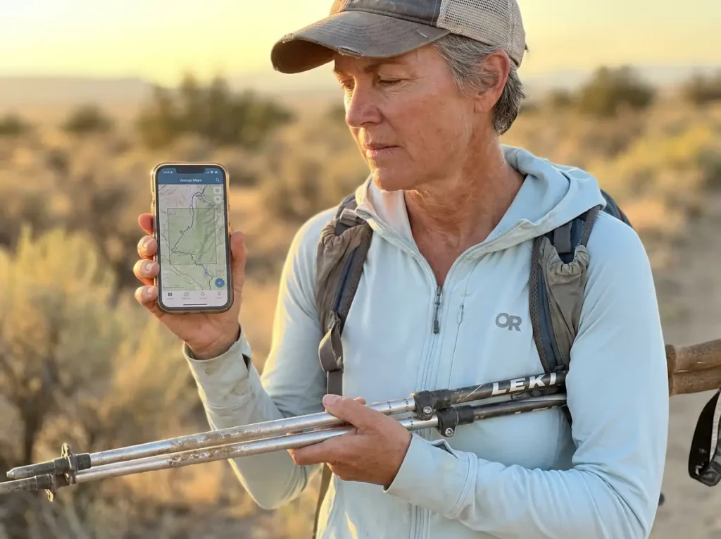 Hiker using Avenza Maps on a smartphone to cross-reference an official MVUM